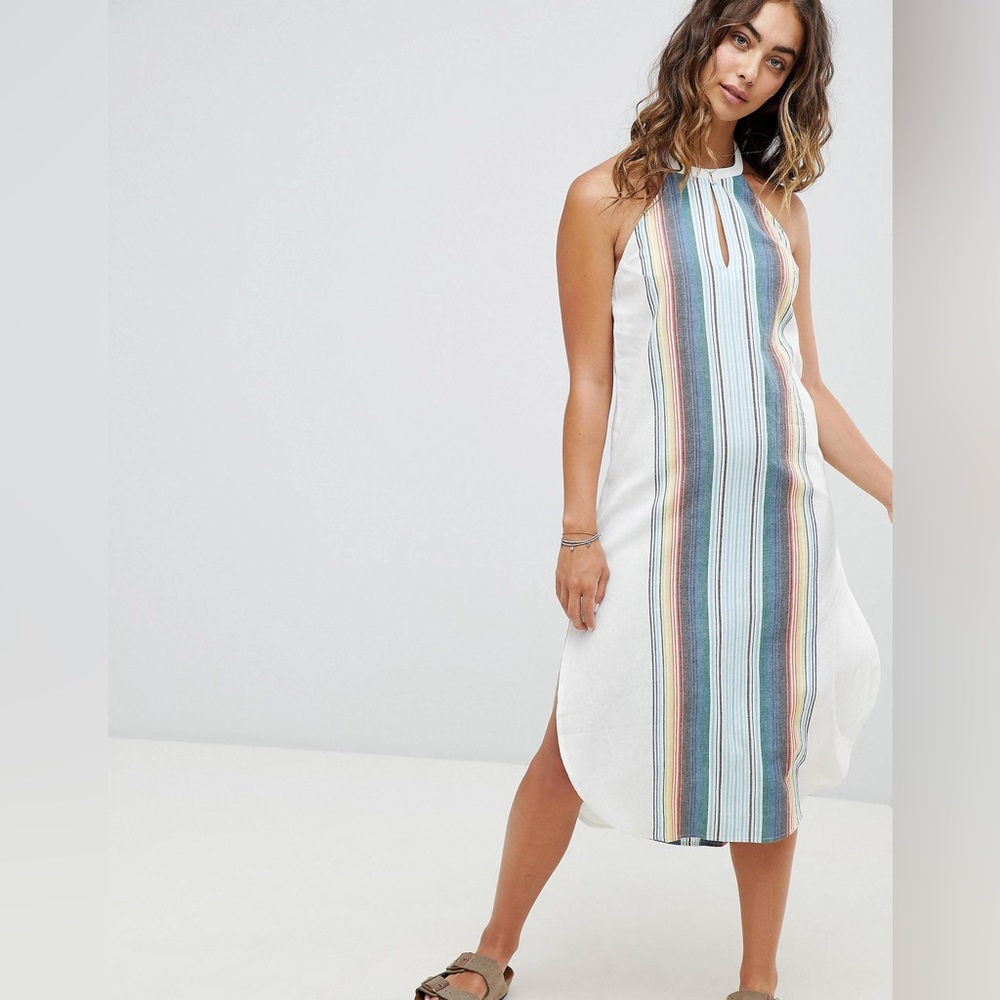 Rip Curl White Midi Dress with Multicolor Vertical Stripe Panel